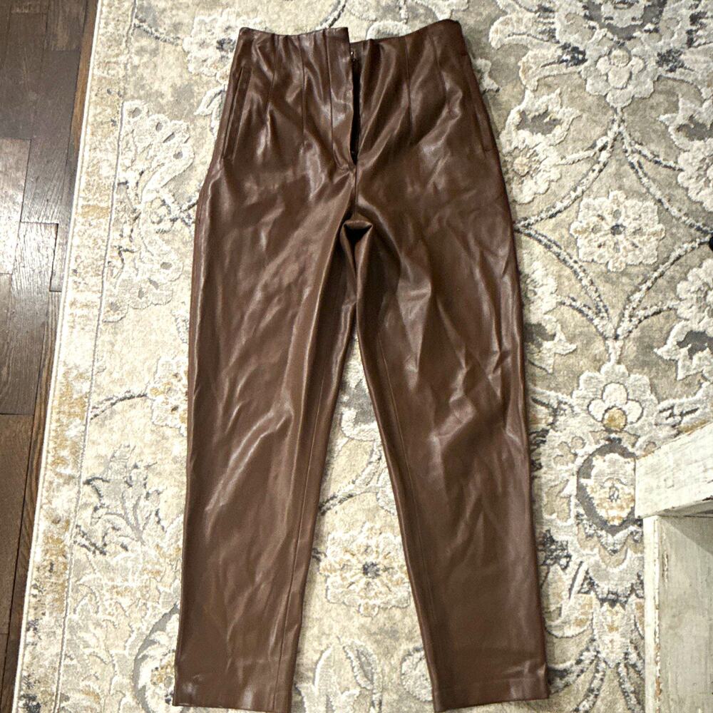 Sundays Women’s Brown Faux Leather Flat-Front Pants Solid Zip Zipper Size S
